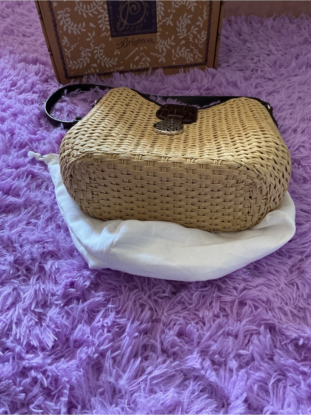 Brighton Natural Woven Shoulder Bag with Brown Trim - Picture 5 of 15